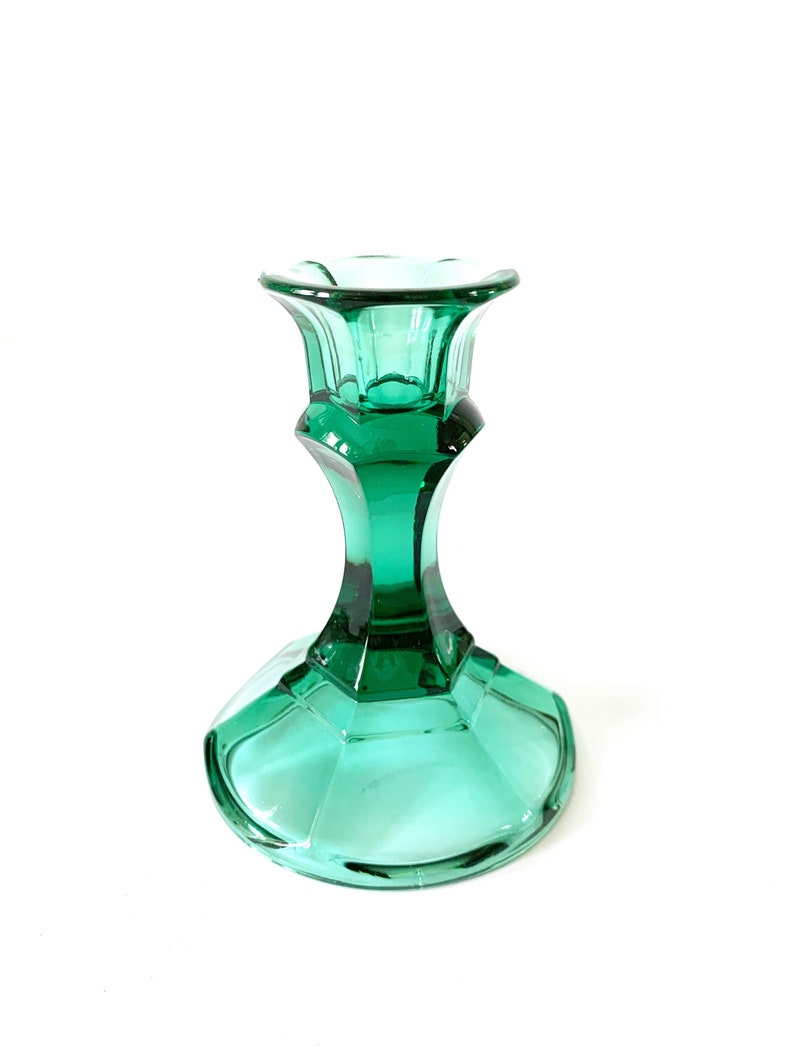 Vintage Pair Green Pressed Glass Taper Candle Holders