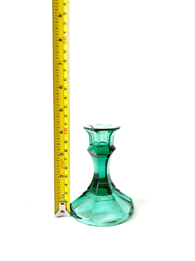 Vintage Pair Green Pressed Glass Taper Candle Holders