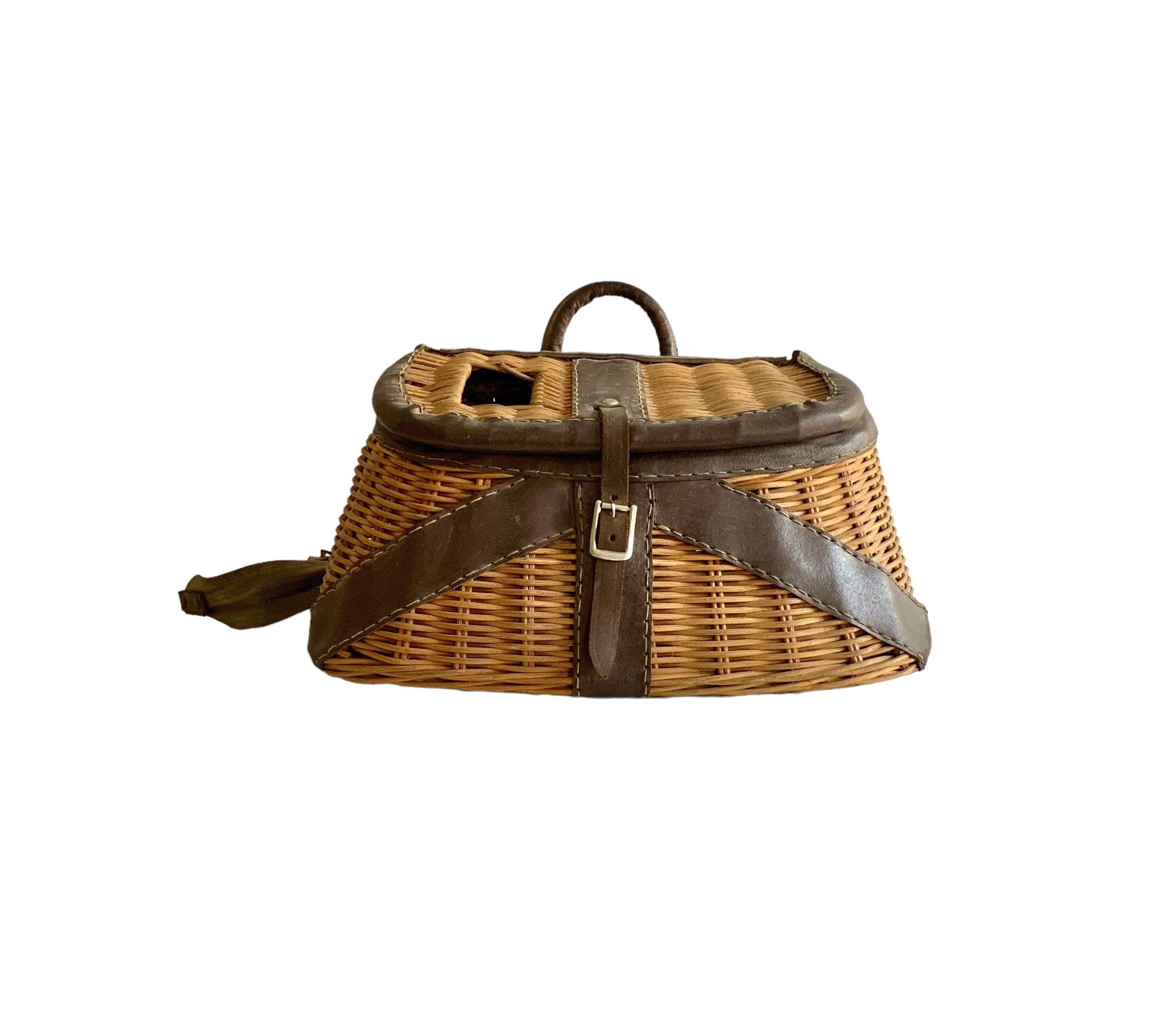 Vintage Fishing Creel Wicker Basket With Leather Canvas Straps and Original  Fly Tackle British Hong Kong 