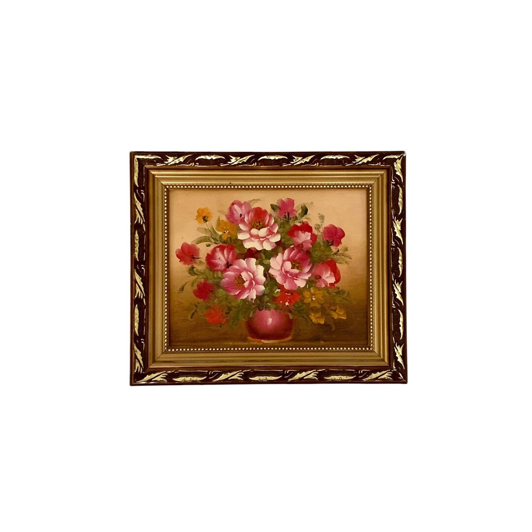 Vintage Floral Still Life Oil on Canvas With Pink and Yellow Bouquet - Etsy