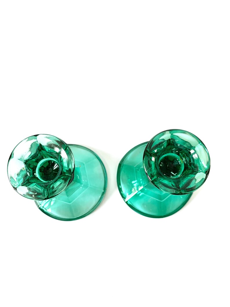 Vintage Pair Green Pressed Glass Taper Candle Holders