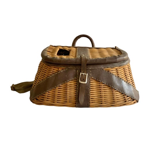 Vintage Fishing Creel Wicker Basket With Leather Canvas Straps and