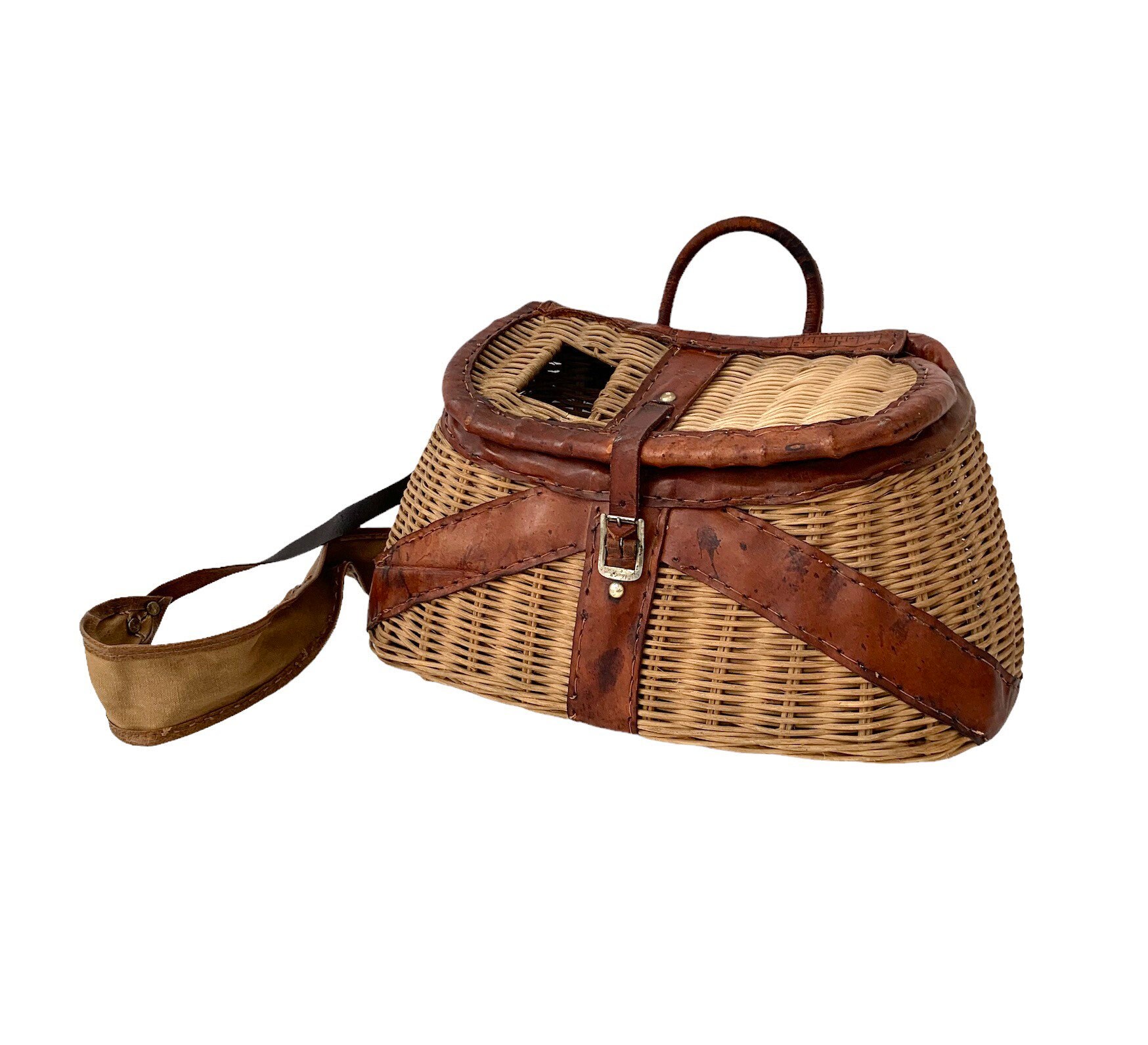 Vintage Fishing Creel Wicker Basket With Original Leather Etsy