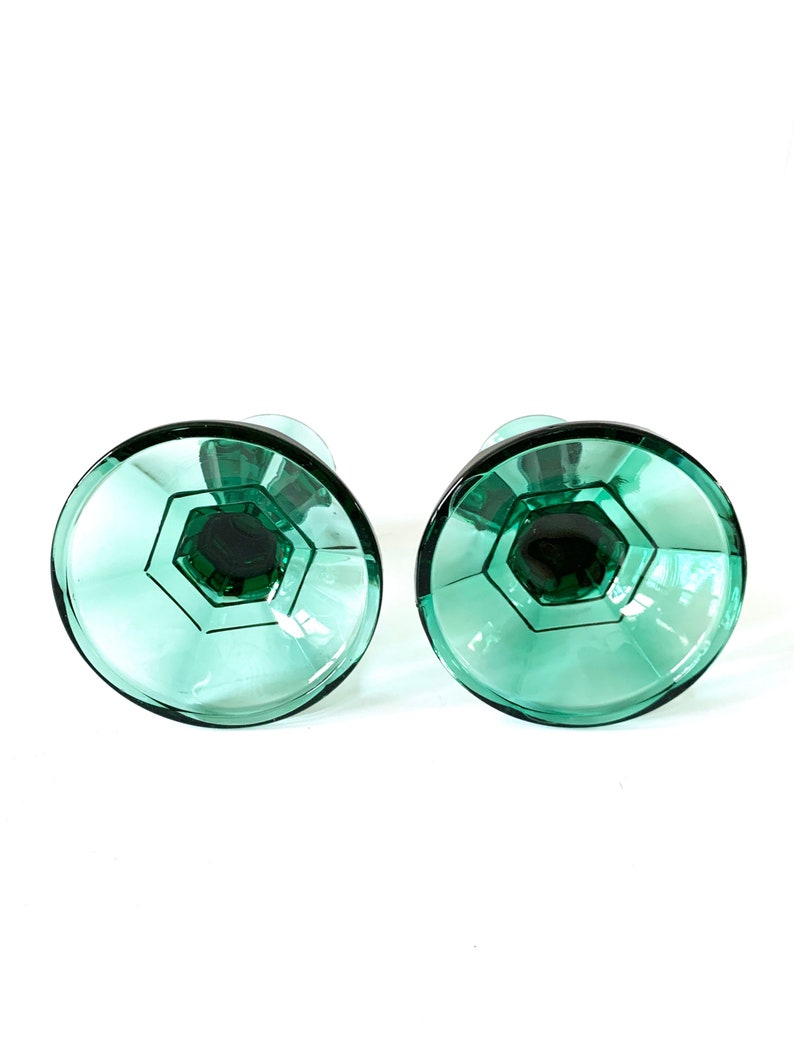 Vintage Pair Green Pressed Glass Taper Candle Holders