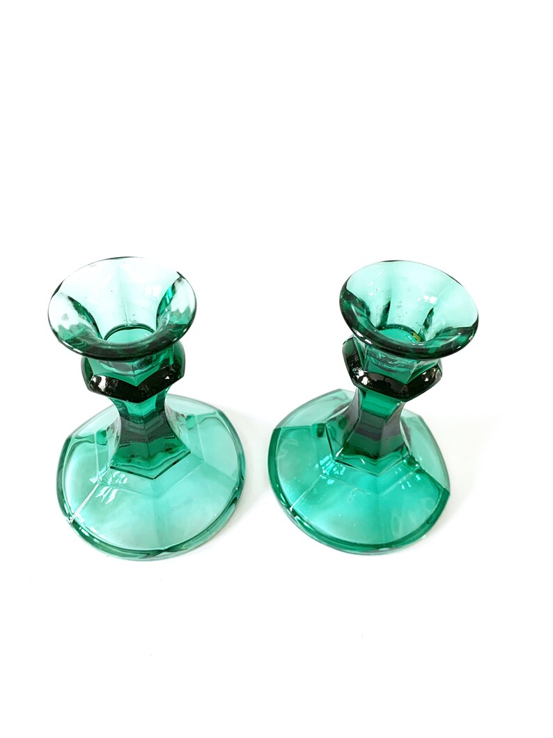 Vintage Pair Green Pressed Glass Taper Candle Holders