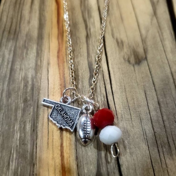 Oklahoma sooners football sports necklace Boomer Sooner OU State necklace jewelry red and white crimson and cream