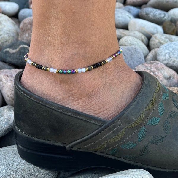 Gemstone Grounding ANKLET, Healing Beaded Boho Anklet, Rainbow Hematite, Opalite, Pyrite, Onyx, Grounding, Energy, Optimism, Steadfastness