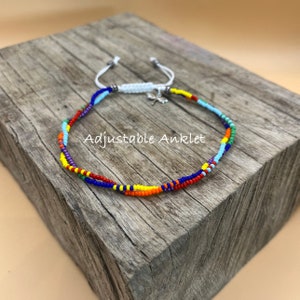 Rainbow Seed Bead Anklet: Boho Dragonfly Charm, Adjustable Macrame Knot