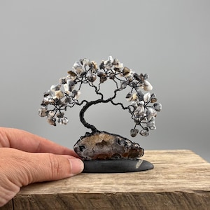 Dendritic Opal Bonsai Tree Sculpture: Black Wire Tree of Life on Polished Oco Geode