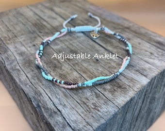 Handmade Seed Bead Anklet: Boho Mint, Pink & Gray - Adjustable