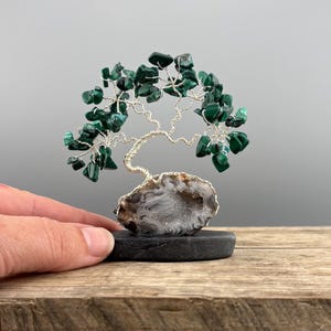 Handmade Malachite Wire Bonsai Tree, Silver Wire, Polished Oco Geode Base