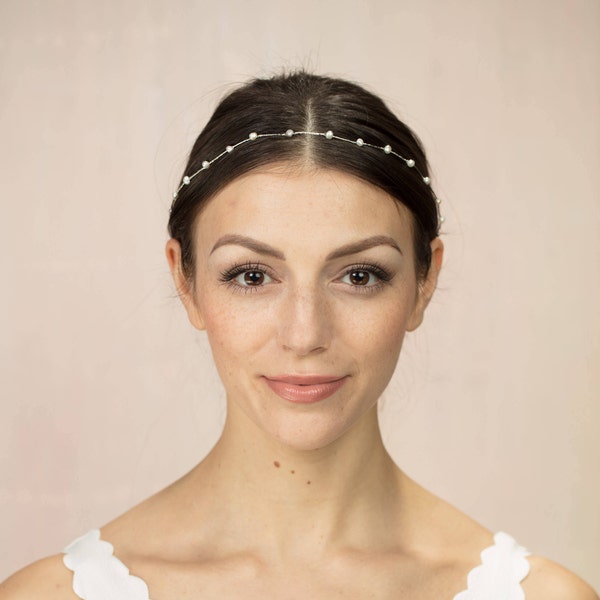 Freshwater pearl bridal hair vine or halo, simple minimal wedding hairvine  - Lamorna Garland