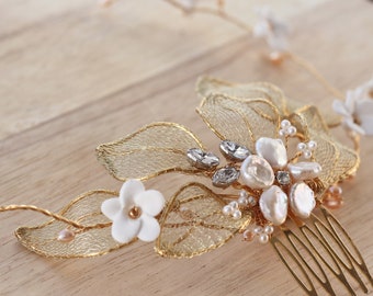 Gold bridal hair vine with pearl flower and gold leaves for wedding, golden hair garland, wreath or halo for brides - Westonbirt garland