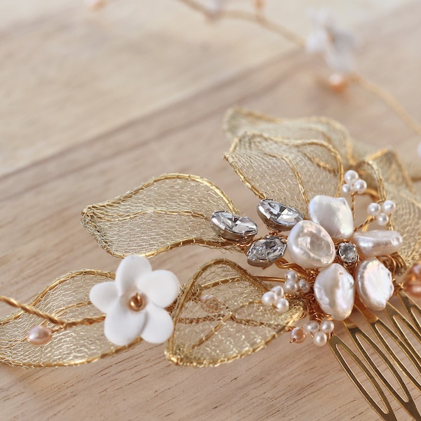 Gold bridal hair vine with pearl flower and gold leaves for wedding, golden hair garland, wreath or halo for brides - Westonbirt garland