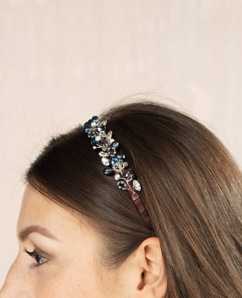 Slim pearl and crystal bridal headband or hair band Tamar Headband image 3