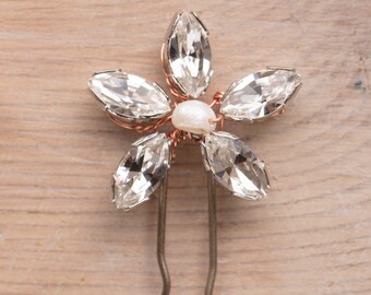 Swarovski crystal bridal hair pin with copper wire and flower detail - small wedding hair jewellery - Eype Hairpin