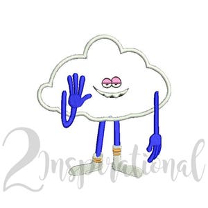 Puede incluir: Una nube blanca con una cara sonriente azul, usando calcetines azules y saludando con una mano azul.