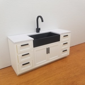 1:12 Modern Miniature Kitchen Sink Cabinet with Hinged Doors and Sliding Drawers