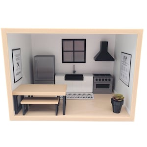1:24 Kitchen Roombox Set Includes all Furniture and Decor in Pictures - Magnetic or Non - 1/24 Modern Wood Doll House Furniture Miniature