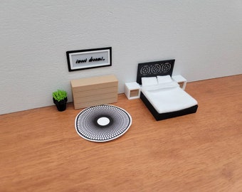 El juego de dormitorio 1:24 incluye todos los muebles y la decoración en imágenes - Miniatura de muebles de casa de muñecas de madera moderna 1/24