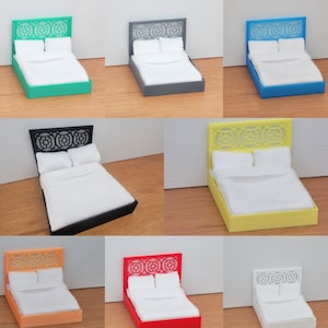 1:24 Bed and White Bedding Set - 1/24 Modern Mini Doll House Furniture Miniature You Choose Color Black Gray White Red Orange Green Blue