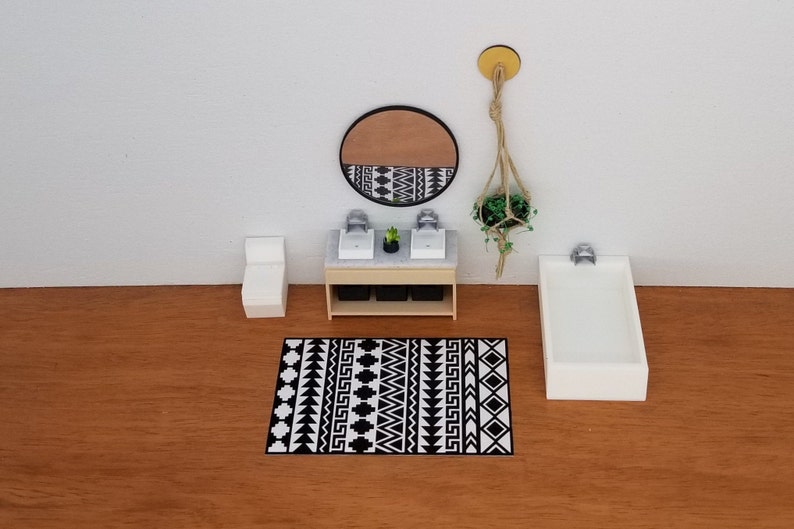 1:24 Bathroom Vanity with Sinks, Faucets, Working Drawer, Cubbies 1/24 Modern Mini Wood Doll House Furniture Miniature image 3