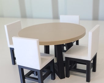 1:12 Scale Round Dining Table with White Chairs - 1/12 Modern Mini Doll Furniture Wood and Black