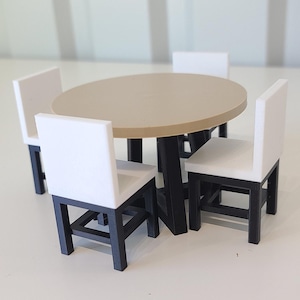 1:12 Scale Round Dining Table with White Chairs - 1/12 Modern Mini Doll Furniture Wood and Black