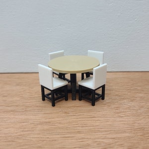 1:24 Scale Round Dining Table with White Chairs - 1/24 Modern Mini Doll Furniture Wood and Black