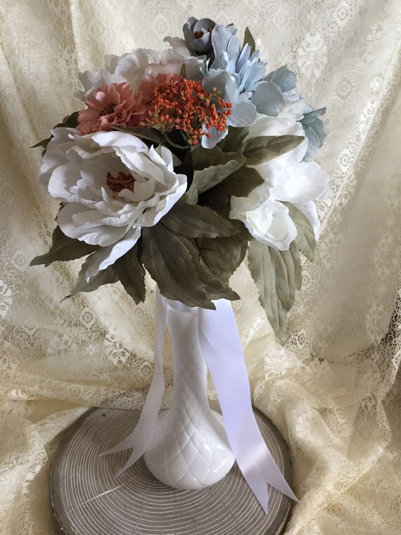 Artificial Wedding Bouquet Ivory Pink Blue White Fall Etsy