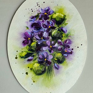 Violetas púrpuras salvajes pintura al óleo original tarjetas vintage flores arte lienzo ovalado pared arte luz decoración del hogar pintado a mano