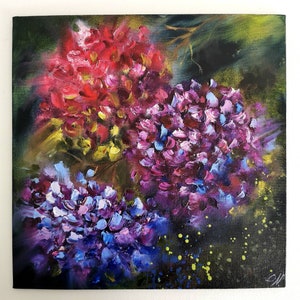 Purple Hydrangea Original Oil Painting on Canvas Board Hand Made Gift for Mom Home Decor Wall Art Hortensia 12 by 12 inches Hand Painted.