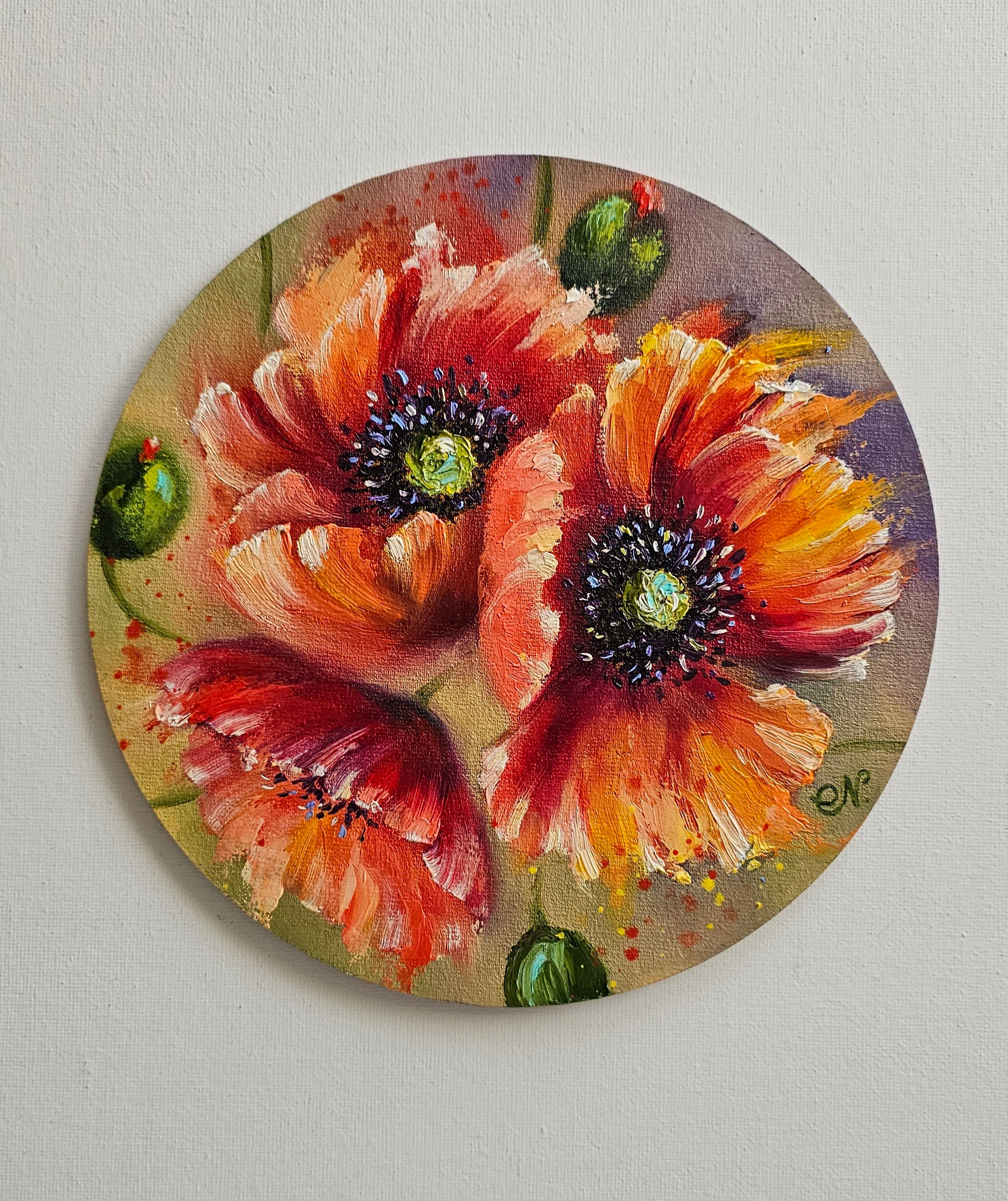 Round Canvas Oil Painting , Original Artwork, Signed Contemporary Artist,  Flowers Embossed , Floral Abstract. 