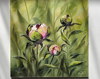 Pink Peonies Buds Original Oil Painting  Small Oil Painting Flowers Art Miniature Wall Decor Hand Painted 6 by 6 inches.