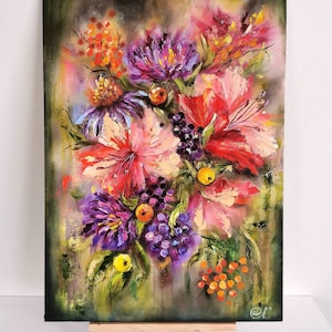 Flowers Bouquet Original Oil Painting Home Decor Berries Wall Art Abstract Floral Painting Hand Painted Gift