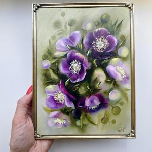 Anêmonas roxas, pintura a óleo original, arte de parede emoldurada, moldura de metal vintage, flores pintadas à mão, galeria de parede, decoração para casa, presente, belas artes
