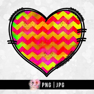 May include: A black outlined heart with a pink and yellow chevron pattern. The heart has a distressed, stitched look.