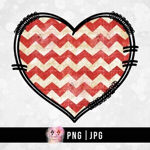 May include: A red and white chevron patterned heart with a black outline. The heart has a distressed, vintage look.