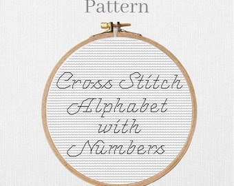 Cursive alphabet cross stitch pattern with small backstitch letters and numbers
