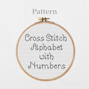 Patrón de punto de cruz con alfabeto cursivo con pequeñas letras y números pespunteados