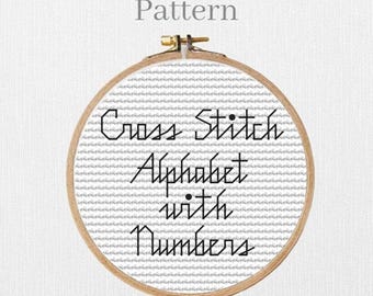 Cursive alphabet cross stitch pattern with small backstitch letters and numbers