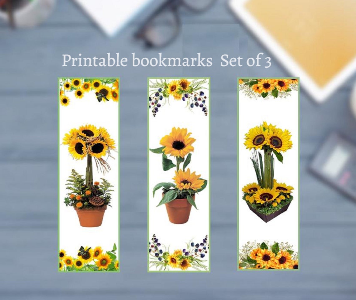 Sunflower bookmark set Printable bookmark template Floral book Etsy