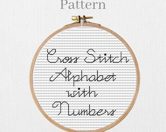 Cursive alphabet cross stitch pattern with small backstitch letters and numbers