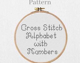 Backstitch alphabet pattern with small cross stitch letters and numbers