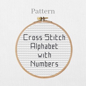 Backstitch alphabet pattern with small cross stitch letters and numbers