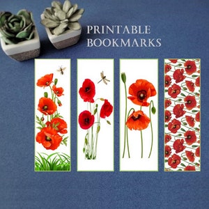 Puede incluir: Marcadores imprimibles con flores de amapola rojas. Se muestran cuatro marcadores, cada uno con un diseño diferente. Un marcador tiene una sola flor de amapola, otro tiene un grupo de flores de amapola, otro tiene una flor de amapola con una libélula y el último marcador tiene un patrón repetitivo de flores de amapola.