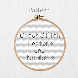 May include: A wooden embroidery hoop holds a cross-stitch pattern with the words "Cross Stitch Letters and Numbers." The background is a light gray fabric with a repeating pattern. The word "Pattern" is above the hoop.
