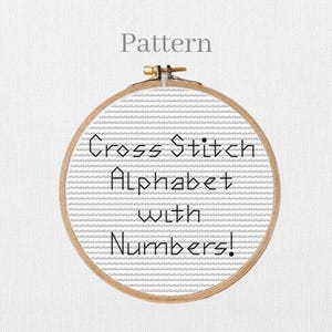 Backstitch alphabet pattern with small cross stitch letters and numbers