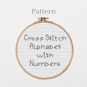 May include: A cross-stitch pattern in a wooden embroidery hoop. The text "Cross Stitch Alphabet with Numbers" is displayed in black. The word "Pattern" is above the hoop.