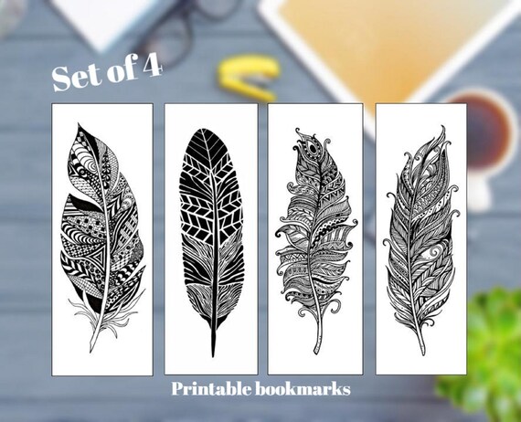 black and white feather bookmark set of 4 printable book mark etsy